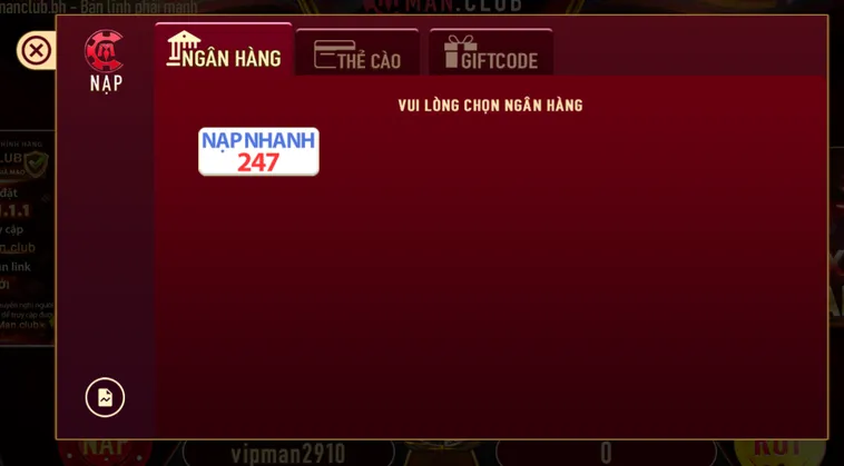 Quy trình nạp tiền quan tài khoản ngân hàng tại Manclub siêu tốc an toàn không mất phí.