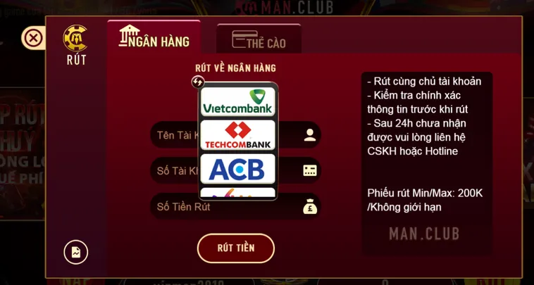 Rút tiền về tài khoản ngân hàng siêu tốc an toàn bảo mật tại Manclub.